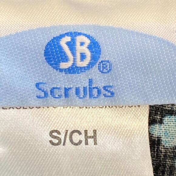 SB Scrubs Top Womens Small Black Blue Floral Short Sleeve Healthcare Nursing - Picture 2 of 12